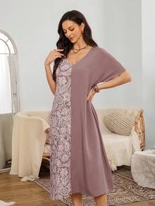 SHEIN Women's Casual Cashew Print Patchwork Solid V-Neck Short Sleeve Nightgown - Coral Pink - View 4