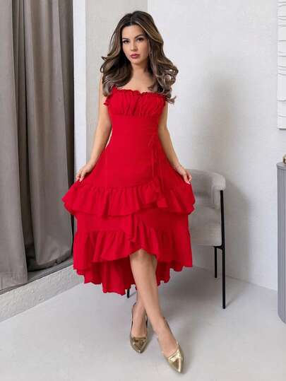 Jemour Apricot Vintage Ruffle Hem Women Dress, Early Autumn Clothing,Summer Dresses For Women,Tea Party Dress