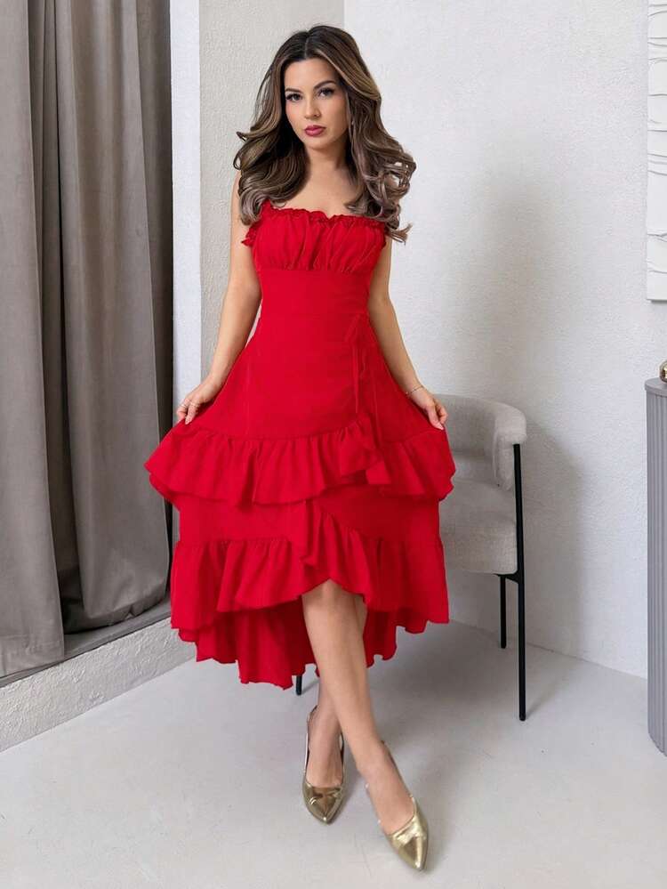 Jemour Apricot Vintage Ruffle Hem Women Dress, Early Autumn Clothing,Summer Dresses For Women,Tea Party Dress - Red - View 1