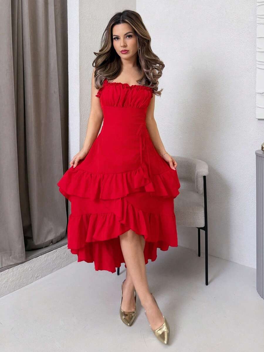 Jemour 杏色复古荷叶边下摆女式连衣裙,初秋服装 - 紅色 - 查看 1