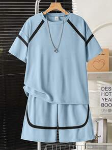 SHEIN Vacaura 2件套青少年春夏秋季撞色条纹短袖T恤和口袋短裤休闲运动时尚套装 - 藍色 - 查看 3