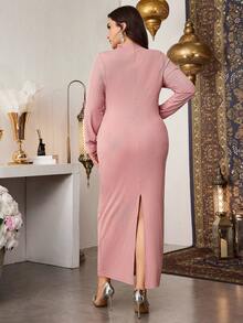 Modelyn Romantic Lace Collar Patchwork Long Sleeve Slim Fit Knit Dress, Spring/Summer - Coral Pink - View 3