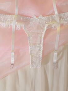 DelicateAllure 2pcs Women Lace Eyelash Patchwork Satin Ribbon Heart Contrast Color Set Wedding Lingerie For Bride White Lace Lingerie Lingerie For Women Adult - White - View 7