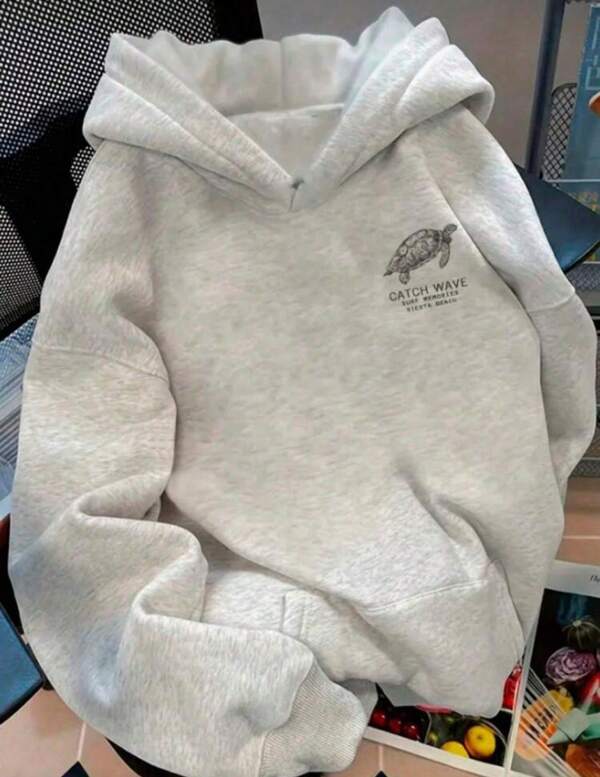 Sudadera Con Capucha De Cuello Redondo Para Hombre Con Estampado De tortuguita , Bolsillo Canguro Y Cordón, Manga Larga, Suelta Y Casual, Ideal Para Regalar En Otoño E Invierno Como Ropa De Hombre