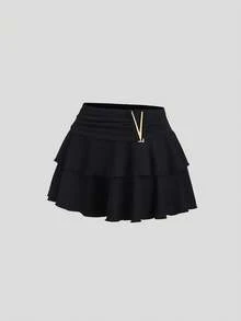 SHEIN Sweetro Váy ngắn vải họa tiết kim loại thời trang tối giản gợi cảm đa năng cho nữ đi làm, xuân/thu - màu đen - Xem 3