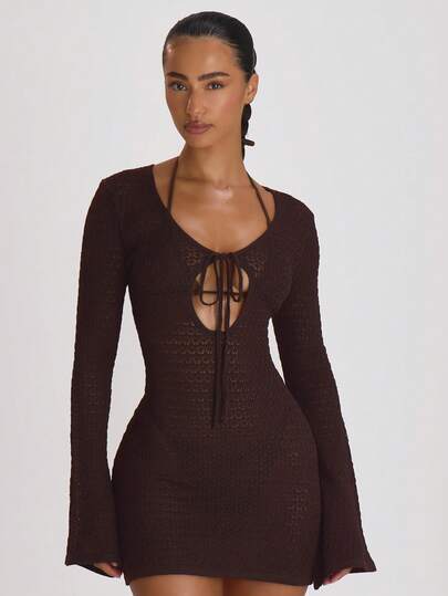 Musera Resort Crochet Knit Tie Front Loose Fit Cover Up Mini Dress Swim Vacation Holiday Summer Travel Beachwear Basics Solid Colour Resort Core