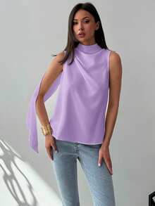 Aloruh Blusa tejida con pliegues en H sin mangas de estilo minimalista y de uso diario, color blanco, para primavera/verano - Morado Violeta - Ver 4