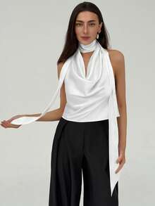 Aloruh 女士杏色优雅女神伴娘婚礼派对约会浪漫度假飘逸露背吊带性感上衣，夏季 - 白色 - 查看 7