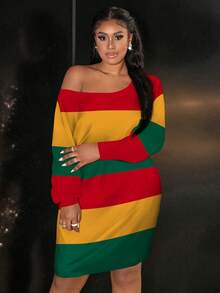 Slaydiva 大码休闲简约红黄绿条纹假日连衣裙 - 彩色 - 查看 5