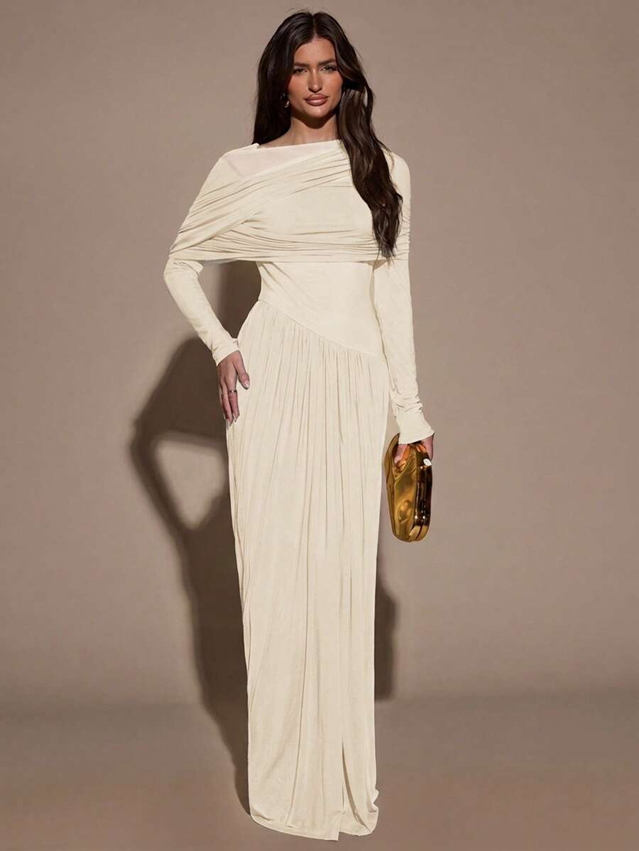 SHEIN BAE Women's Solid Color Boat Neck Ruched Long Sleeve Dress - Apricot - View 1