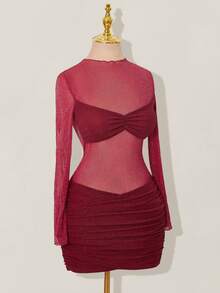 SHEIN ICON 亮面网纱拼接透视褶皱长袖迷你连衣裙 - 紅色 - 查看 5