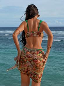 Swim SXY 3pcs Women Leopard & Floral Random Print Camisole, Triangle Bikini Bottoms, Skirt Swimsuit Set, Summer - Multicolor - View 2