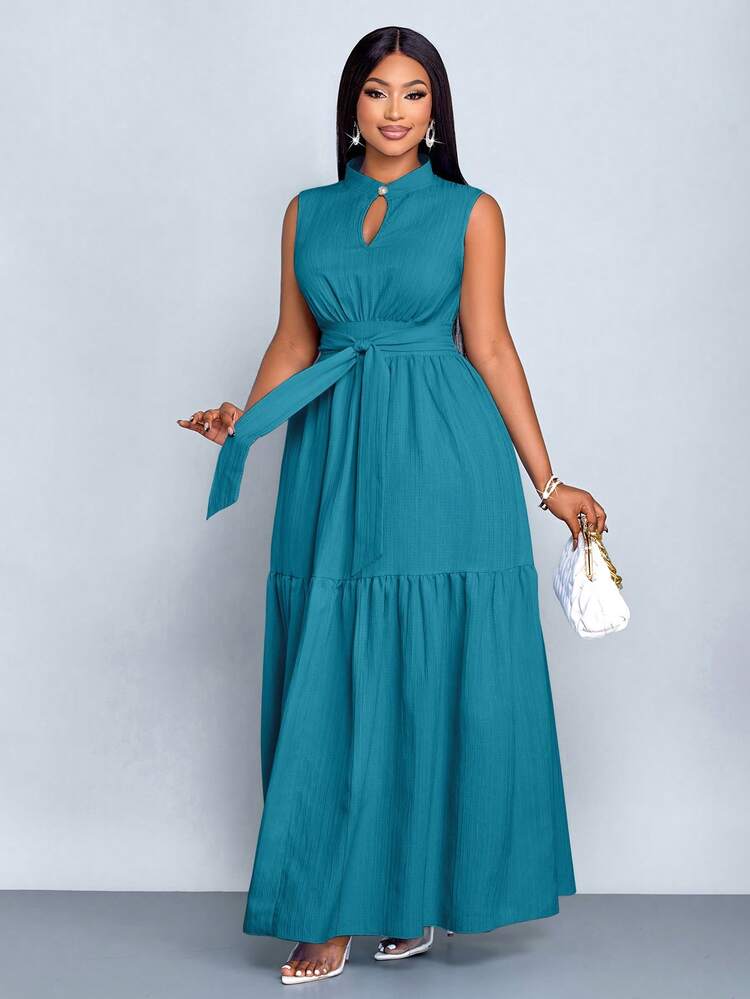 SOLERSUN 加大码蓝色立领前开襟无袖束腰系带连衣裙女式优雅休闲时尚通勤外出连衣裙夏季新款女装 - 水鴨藍 - 查看 5