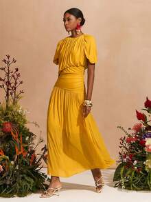 Zivah 2026 Spring/Summer New Arrival Romantic, Music Festival, Easter, Western, Boho, Nashville Inspired Round Neck Puff Sleeve Cinched Waist Dress With Pockets, Ruched Hem A-Line, Mesh Sheer, Fully Lined, Pale Yellow - Pale Yellow - View 3