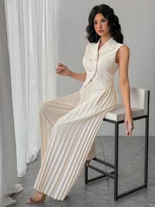 DAZY 女士休闲纯色西装领背心和阔腿裤两件套，夏季 - 杏色 - 查看 8