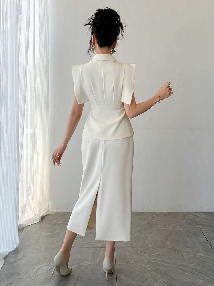 Women's Elegant White Blazer Collar Vest & Straight Skirt 2 Pieces Set, Summer,Wedding Guest Dress Women