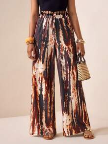 Zivah 2026春夏新款宽松高腰棕色扎染印花格子女裤，适合音乐节、复活节、波西米亚风、西部游牧风、休闲、海滩度假、日常穿着。 - 棕色 - 查看 4