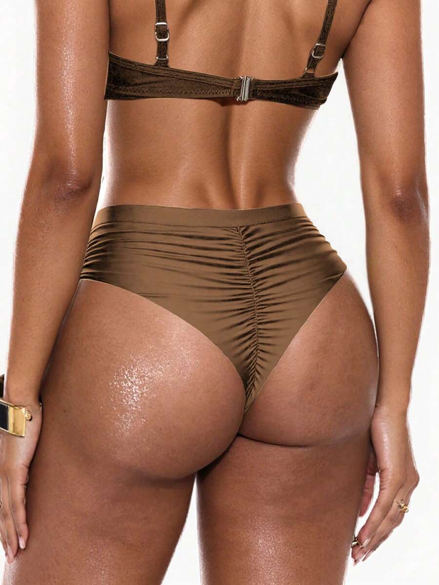 Swim Chiccia Quần bikini nữ màu trơn có dây rút bên hông và nhún bèo - màu nâu - Xem 1