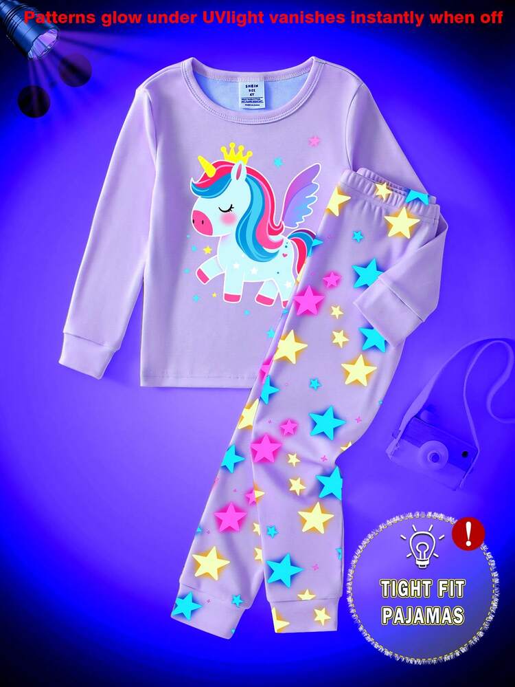 Bộ đồ ngủ ôm sát in hình kỳ lân phát sáng trong bóng tối dành cho bé gái, gồm áo dài tay và quần màu tím. - Màu tím - Xem 5