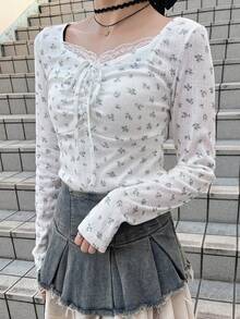 FRIFUL Women's Ditsy Floral Contrast Lace Front Tie Long Sleeve Casual T-Shirt - White - View 6