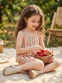 SHEIN Vintaside Kids Bộ áo hai dây và quần short kẻ caro xanh dương in hình quả anh đào dành cho bé gái, trang phục mùa hè tươi mát và thoải mái. - Nhiều màu - Xem 6