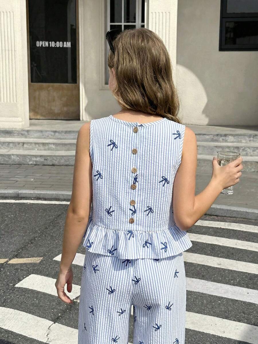 SHEIN Tween Girls Vacation Casual Woven Blue Bow Print Striped Cami Top & Wide Leg Pants Set,Bule Striped Vest Two Pieces Set - Blue - View 1