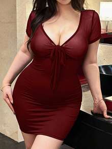 Vibekara 大码女式网纱前系带短袖紧身性感连衣裙 - 酒紅色 - 查看 1
