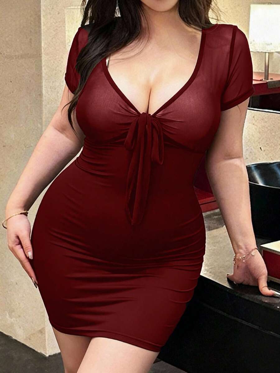 Vibekara 大码女式网纱前系带短袖紧身性感连衣裙 - 酒紅色 - 查看 1