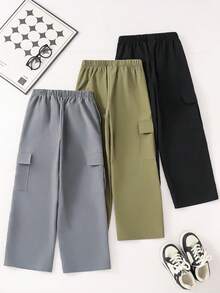 SHEIN Quần cargo dáng rộng, cạp chun, in chữ cho bé trai tuổi teen - Nhiều màu - Xem 5