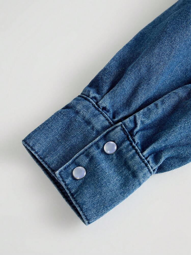 GlowEve Women's Color Block V-Neck Button Ruffle Hem Long Sleeve Denim Dress - Blue - View 3