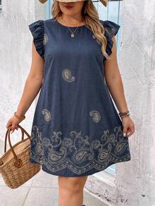 SHEIN VCAY 大码休闲度假腰果花刺绣连衣裙 - 藏蓝色 - 查看 2