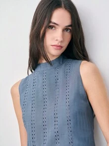 Nöista Sleeveless Blouse With Lace Stripes, A Medium Neckline, And A Ruffled Hem And Back Button Closure. Spring, Summer, Easter. - Navy Blue - View 6