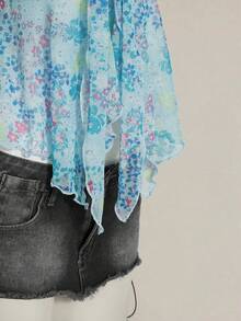 SHEIN ICON 女士碎花不对称下摆可爱碎花衬衫，甜美夏秋上衣女装 - 藍色 - 查看 10