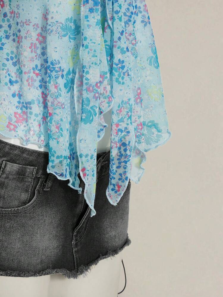 SHEIN ICON 女士碎花不对称下摆可爱碎花衬衫，甜美夏秋上衣女装 - 藍色 - 查看 10