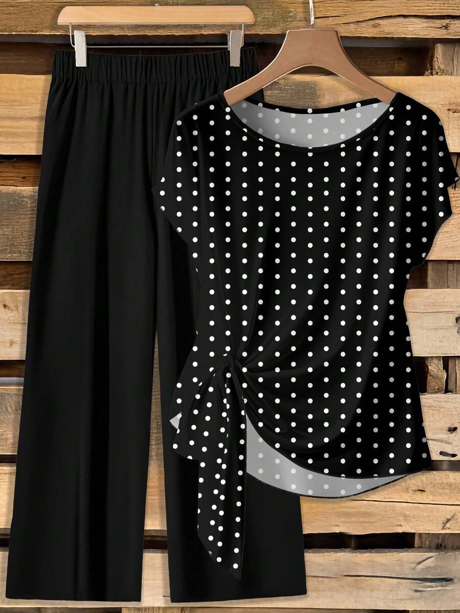 EMERY ROSE 女士波点撞色系带蝴蝶结衬衫和直筒宽松裤两件套，休闲款 - 彩色 - 查看 1