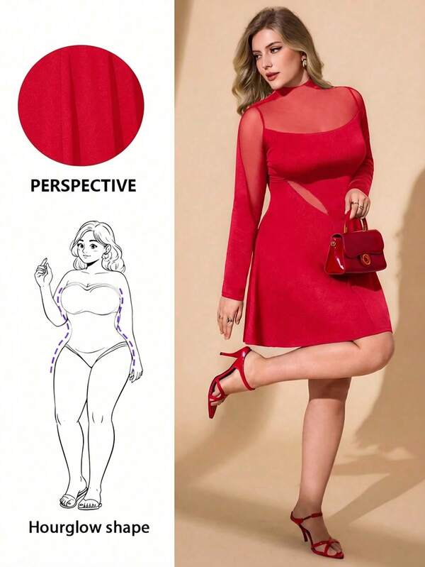 Hourglow Plus Size Women Solid Color Mesh Patchwork Long Sleeve Sexy Fashion Dress, For Hourglass Body Shape