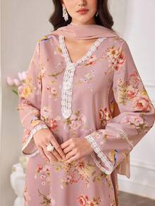 Al Najma Women's Elegant Floral Print Lace V-Neck Loose Long Arabic Dress - Pink - View 8