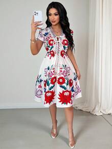 Vavine Women's V-Neck Tie Design Floral Print Casual Vacation Mini Dress, Spring/Summer - Multicolor - View 1