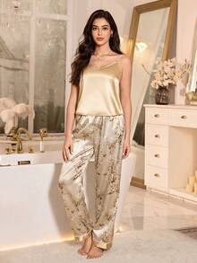 2pcs Satin Camisole & Heart Letter Print Pants Pajama Set - Champagne - View 3