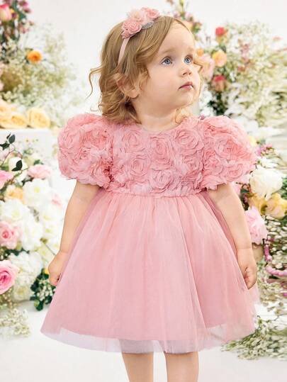 SHEIN Baby Girls Elegant And Cute Apricot Mesh Floral Short-Sleeved Dress, Suitable For Birthday Parties, Evening Parties, Performances, Weddings, Baptisms, And Opening Ceremonies, Perfect For Spring And Summer.