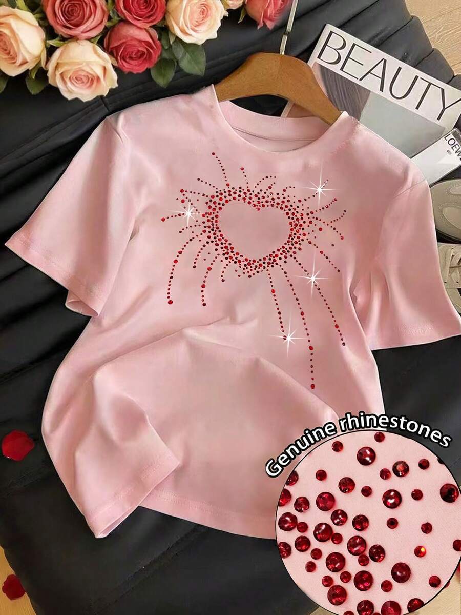 Resyla Women's Casual Red Heart Rhinestone Graphic Short Sleeve T-Shirt, Suitable For Daily Wear, Dates, Commuting In Summer - Pink - View 1