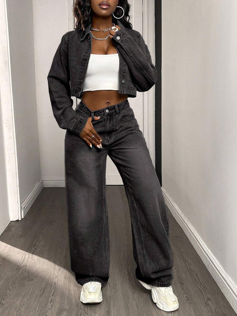 DAZY Women's Casual Fashion Street Style Daily Commute Cropped Denim Jacket And Wide Leg Jeans Set, Spring/Autumn - Grey - View 1