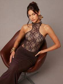 Silquee Solid Color Deep V-Neck Ruffle Long Sleeve Dress, Autumn/Winter - Coffee Brown - View 5
