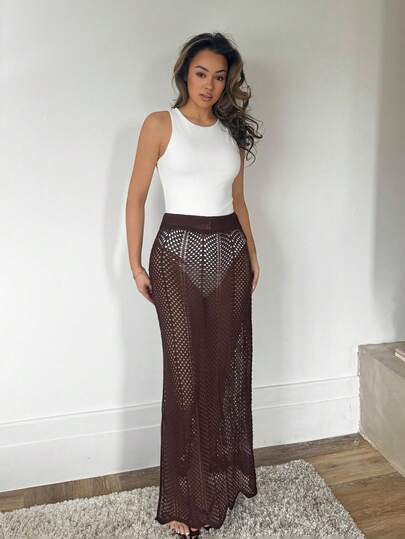 RebeccaVibe 女士纯色侧开衩镂空罩衫裙，适合度假