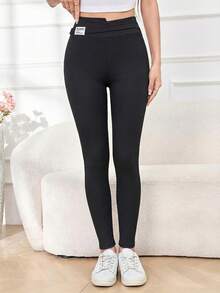 Mulvari Celana Skinny Pinggang Elastis Serbaguna, Legging Hitam Elastis yang Melangsingkan untuk Wanita, Cocok untuk Musim Semi dan Musim Gugur - Hitam - View 5
