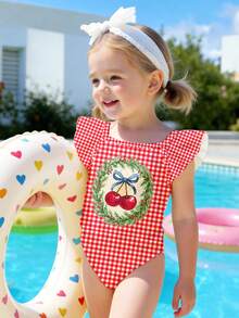 SHEIN 法式复古甜美可爱樱桃蝴蝶结，法式复古红色格子图案，红色系列，泳池写真，女童休闲简约修身吊带泳衣，适合夏季，热带印花，海滩度假亲子写真，母女装，第一次海滩之旅，暑假，美美泳衣，适合拍照发 - 彩色 - 查看 5