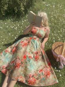 SHEIN MOD Vintage Kleid mit quadratischem Kragen und Puffärmeln in Große Größen, romantisches Kleid mit Ölgemälde-Blume Muster, elegantes Partykleid - Verschiedenfarbig - Übersicht 7