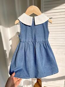 Baby Girl Denim Dress With Wide Ribbon Bow And Contrast Collar - Light Wash - View 4