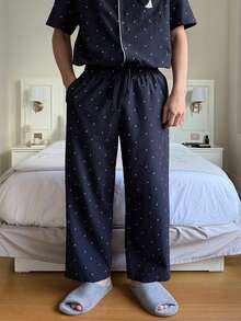 DAZY Men's Polka Dot Floral Print Shirt And Pants Pajama Set, Spring/Summer - Blue - View 5