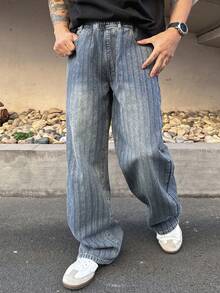 DAZY Quần jeans nam cạp chun màu xanh dương trơn, chất liệu vải sọc, kiểu dáng mùa xuân. - Màu xanh lam - Xem 3